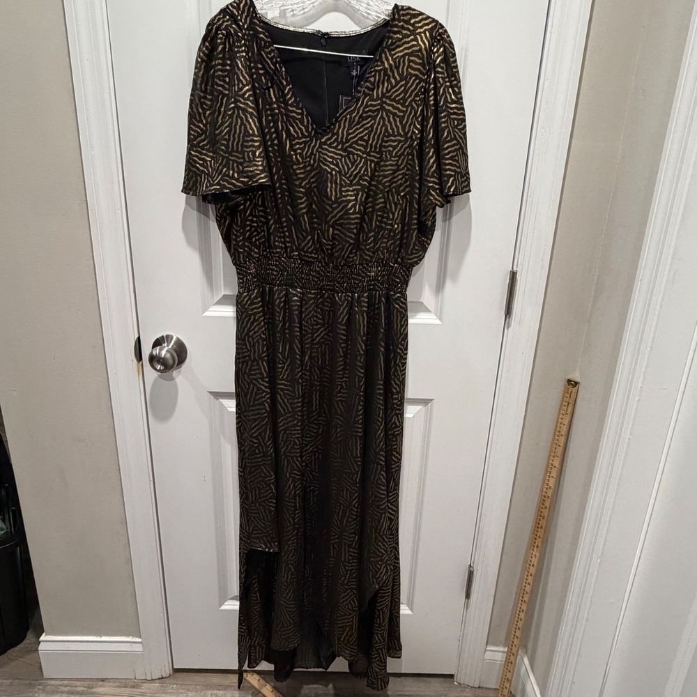 MSK Womens Maxi Dress Metallic Gold Foil Abstract Print Black XL NWT